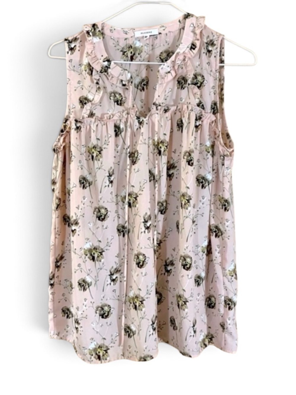 Plieone Floral Pink/ Brown Sleeveless Tie Neckline Pullover Swing Blouse